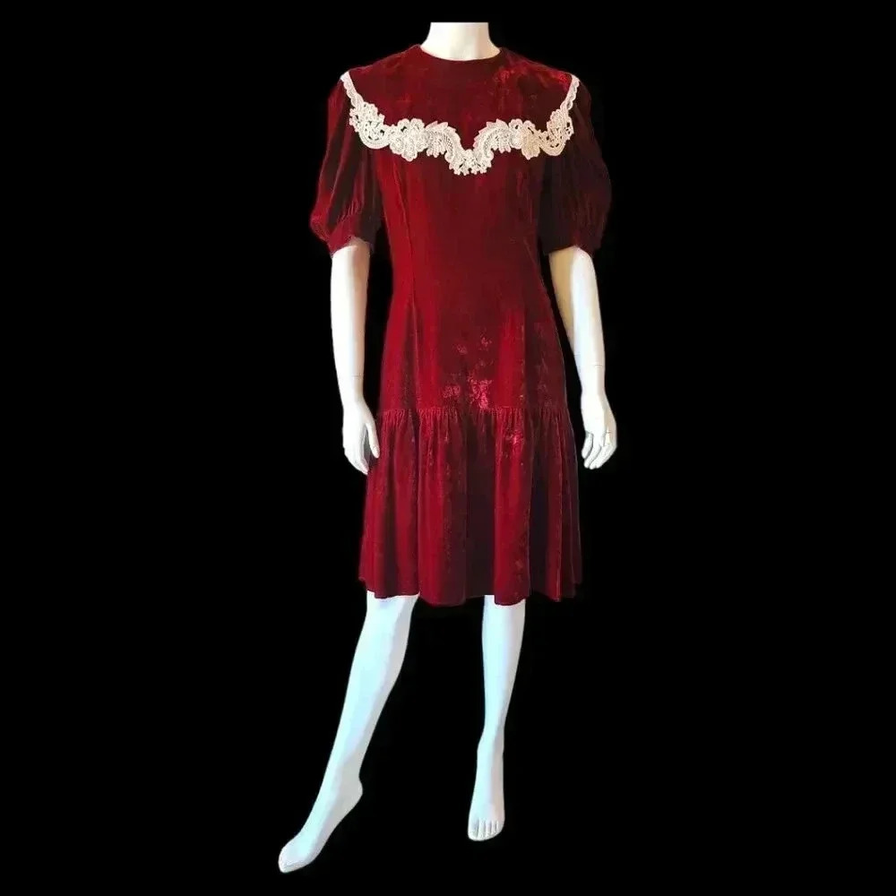 VINTAGE 80s Gunne Sax Red Velvet & Lace Midi Party Dress M